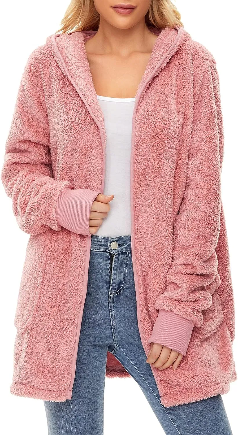 Century Star Women Fleece Cardigan Hooded Loose Fuzzy Cardigan Coat Womens Fuzzy Jacket Outwear