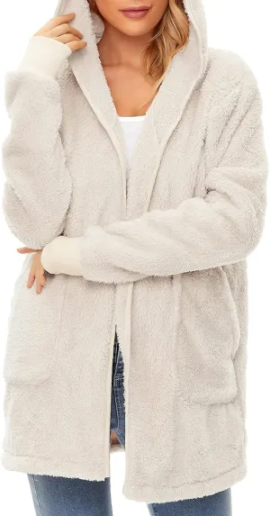 Century Star Women Fleece Cardigan Hooded Loose Fuzzy Cardigan Coat Womens Fuzzy Jacket Outwear