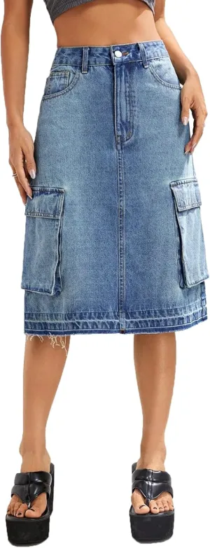 cffvdiz Women's Casual Y2K Cargo Skirts High Waisted Slim Midi Denim Jean Skirt