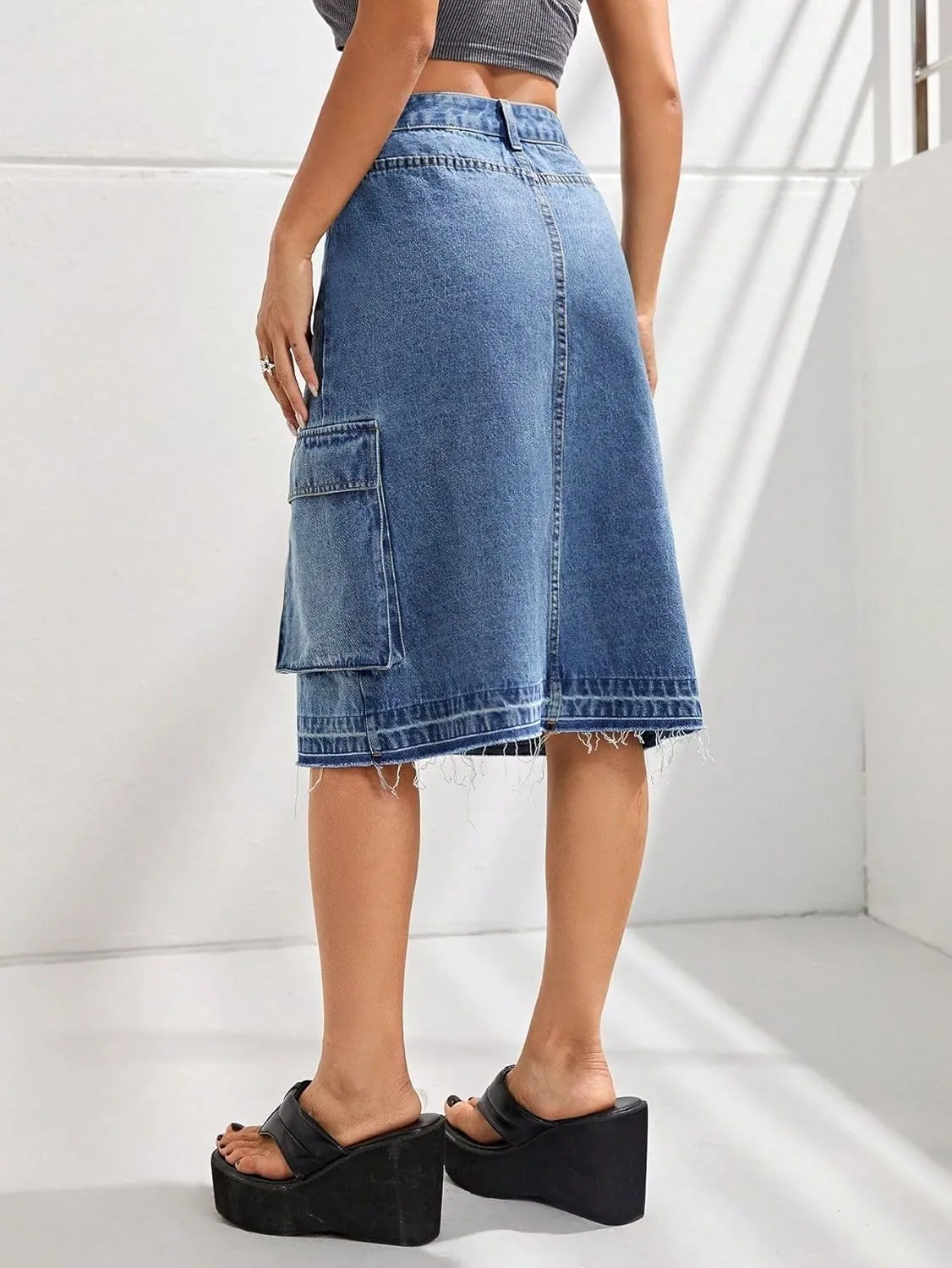 cffvdiz Women's Casual Y2K Cargo Skirts High Waisted Slim Midi Denim Jean Skirt