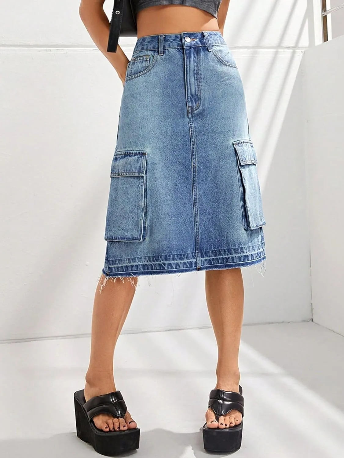 cffvdiz Women's Casual Y2K Cargo Skirts High Waisted Slim Midi Denim Jean Skirt