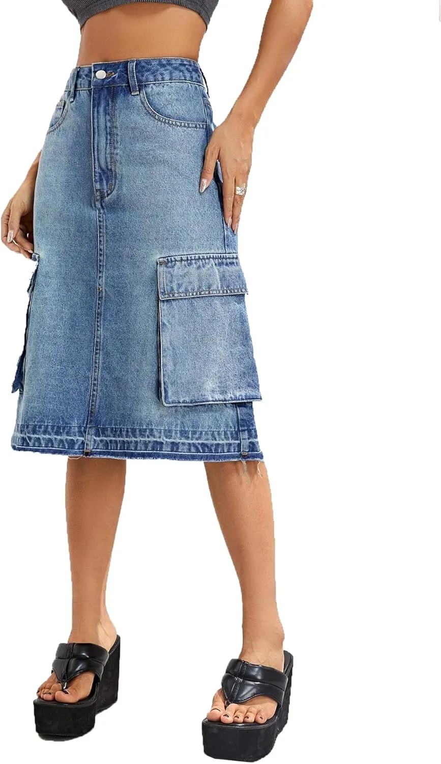 cffvdiz Women's Casual Y2K Cargo Skirts High Waisted Slim Midi Denim Jean Skirt