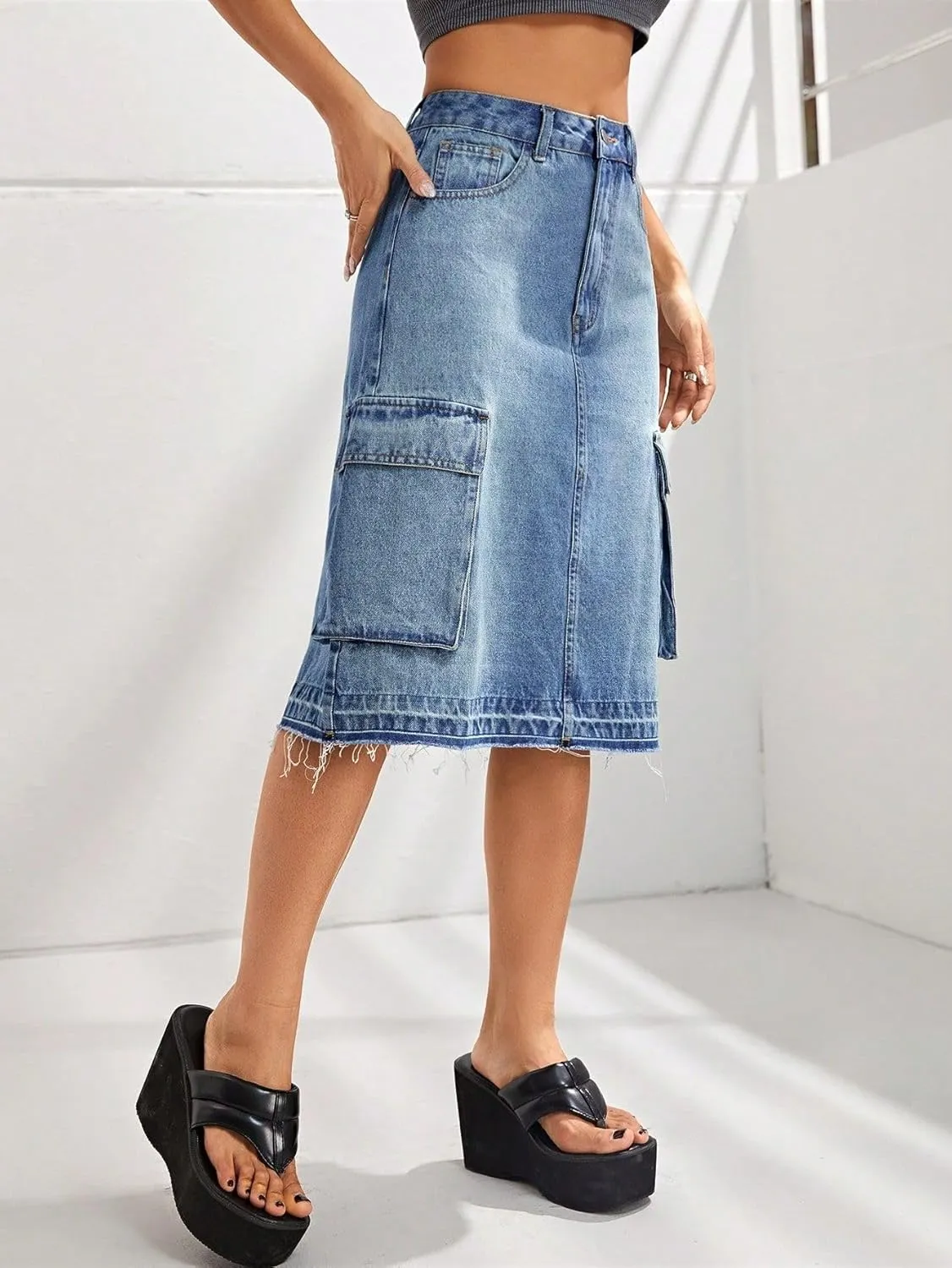 cffvdiz Women's Casual Y2K Cargo Skirts High Waisted Slim Midi Denim Jean Skirt