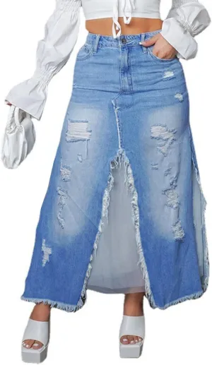 cffvdiz Women's High Waisted Denim Skirt Sexy Split Distressed Ripped Frayed Hem Jean Maxi Skirts