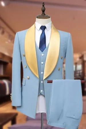 Chic Light Blue Three Pieces Wedding Suits With Satin Lapel Formal Wedding Groomsmen Suits