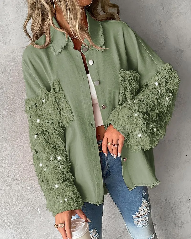 CHICME BEST SHOPPING DEALS Womens Jacket Sequin Patchwork Long Sleeve Jacket Top Button Front Oversized Denim Shacket