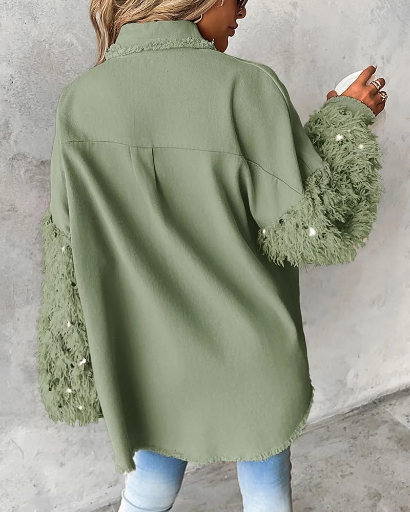 CHICME BEST SHOPPING DEALS Womens Jacket Sequin Patchwork Long Sleeve Jacket Top Button Front Oversized Denim Shacket