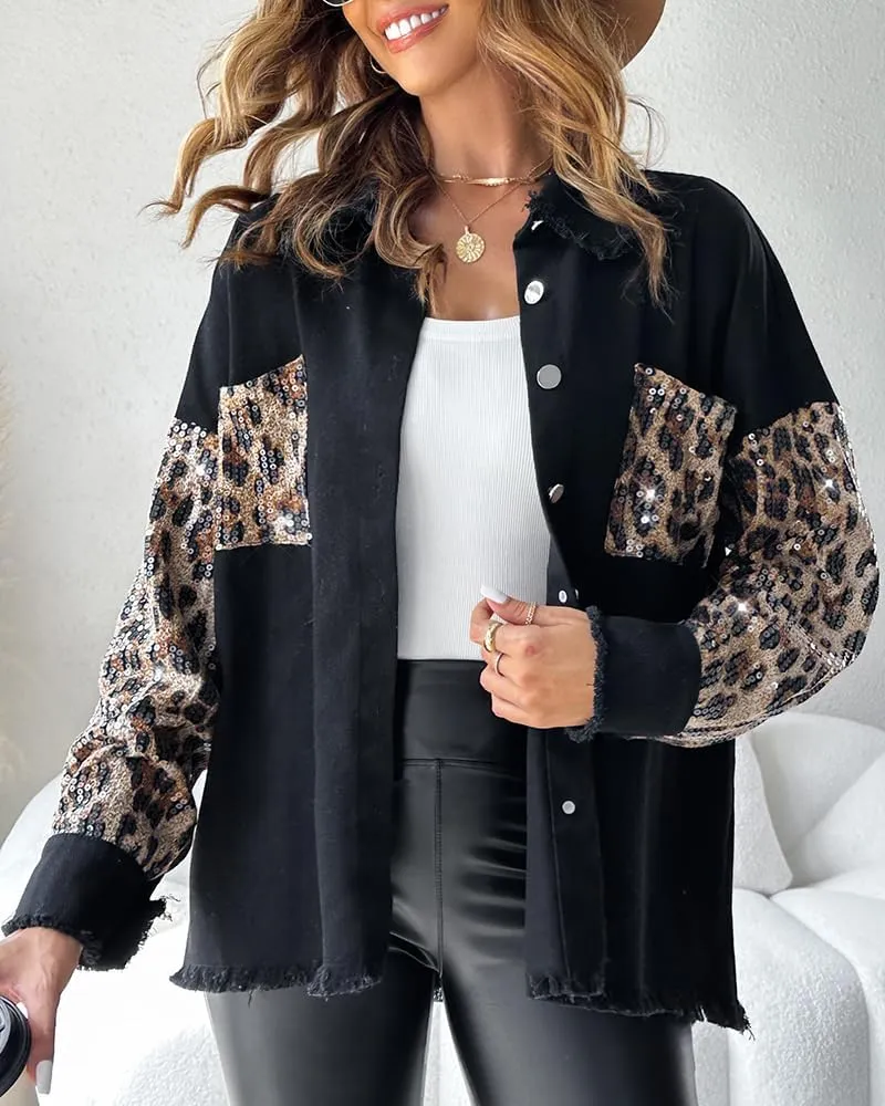 CHICME BEST SHOPPING DEALS Womens Jacket Sequin Patchwork Long Sleeve Jacket Top Button Front Oversized Denim Shacket