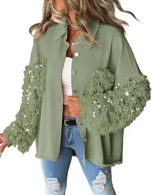 CHICME BEST SHOPPING DEALS Womens Jacket Sequin Patchwork Long Sleeve Jacket Top Button Front Oversized Denim Shacket