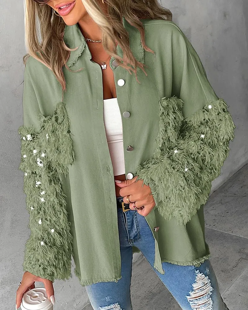 CHICME BEST SHOPPING DEALS Womens Jacket Sequin Patchwork Long Sleeve Jacket Top Button Front Oversized Denim Shacket