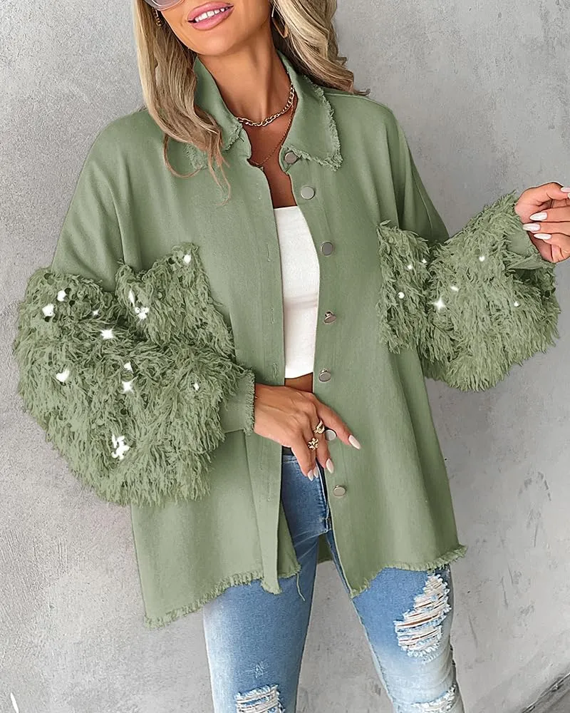 CHICME BEST SHOPPING DEALS Womens Jacket Sequin Patchwork Long Sleeve Jacket Top Button Front Oversized Denim Shacket