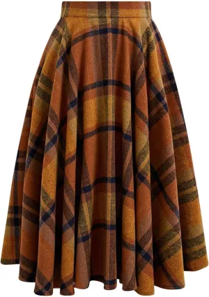 CHICWISH Womens Fall Winter Vintage Plaid Wool Skirts High Waist A-Line Pleated Midi Skirt Pumpkin