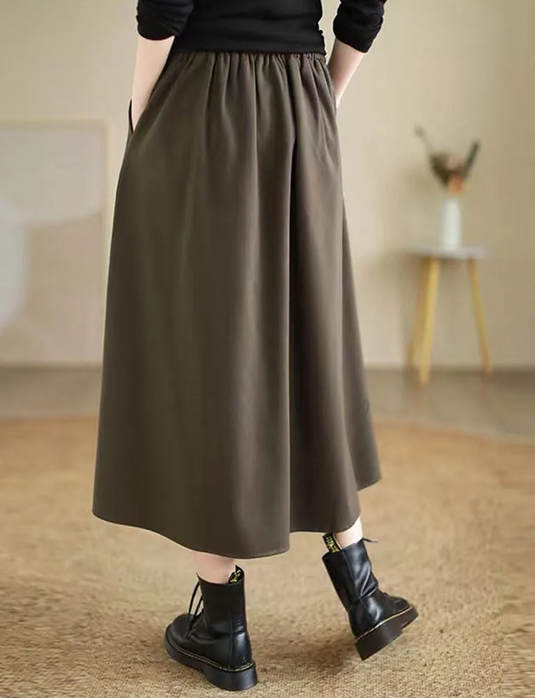 chouyatou Women's Casual High Elastic Waist Wool Skirt A-Line Pleated Swing Wool Midi Long Skirt with Pockets