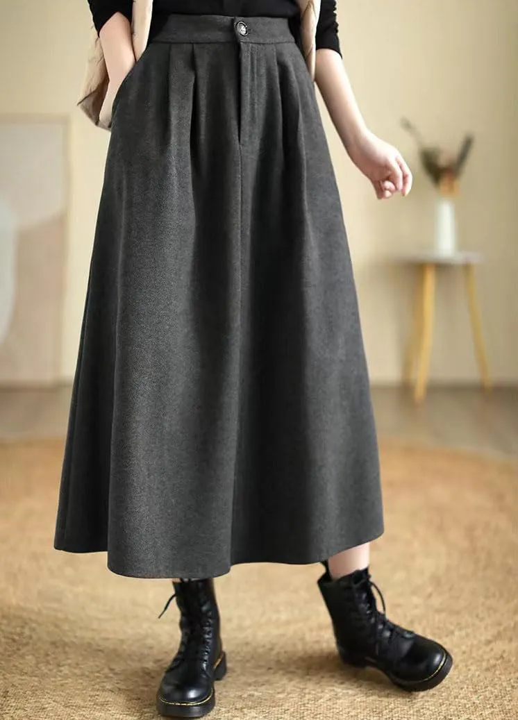 chouyatou Women's Casual High Elastic Waist Wool Skirt A-Line Pleated Swing Wool Midi Long Skirt with Pockets