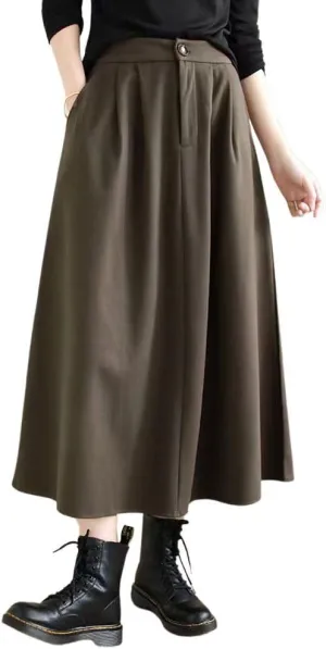 chouyatou Women's Casual High Elastic Waist Wool Skirt A-Line Pleated Swing Wool Midi Long Skirt with Pockets