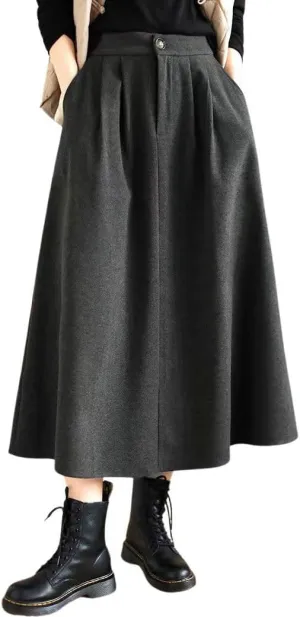chouyatou Women's Casual High Elastic Waist Wool Skirt A-Line Pleated Swing Wool Midi Long Skirt with Pockets