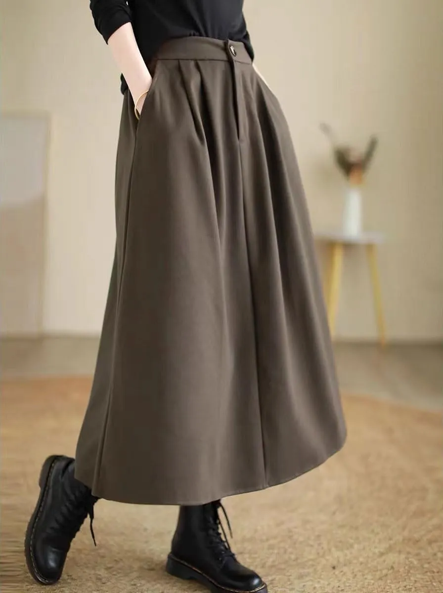 chouyatou Women's Casual High Elastic Waist Wool Skirt A-Line Pleated Swing Wool Midi Long Skirt with Pockets