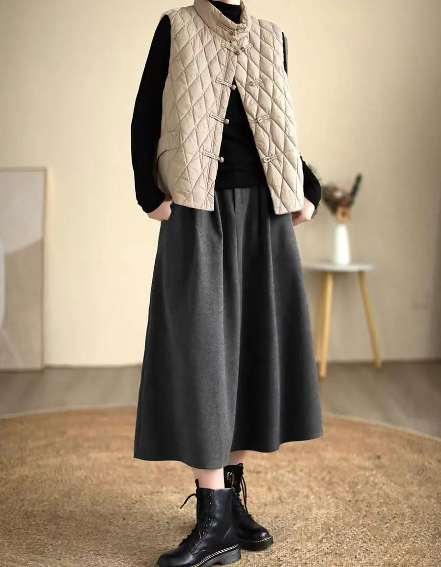 chouyatou Women's Casual High Elastic Waist Wool Skirt A-Line Pleated Swing Wool Midi Long Skirt with Pockets