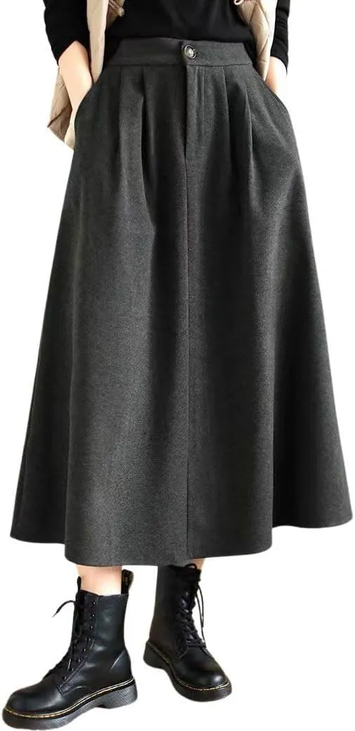 chouyatou Women's Casual High Elastic Waist Wool Skirt A-Line Pleated Swing Wool Midi Long Skirt with Pockets