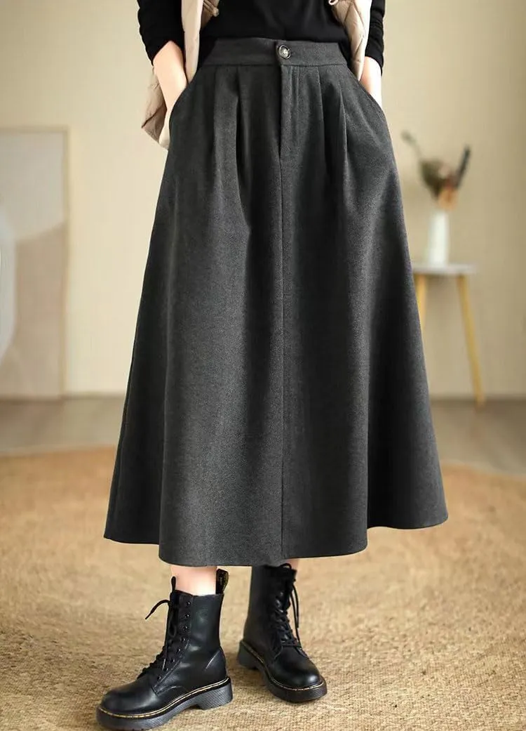 chouyatou Women's Casual High Elastic Waist Wool Skirt A-Line Pleated Swing Wool Midi Long Skirt with Pockets