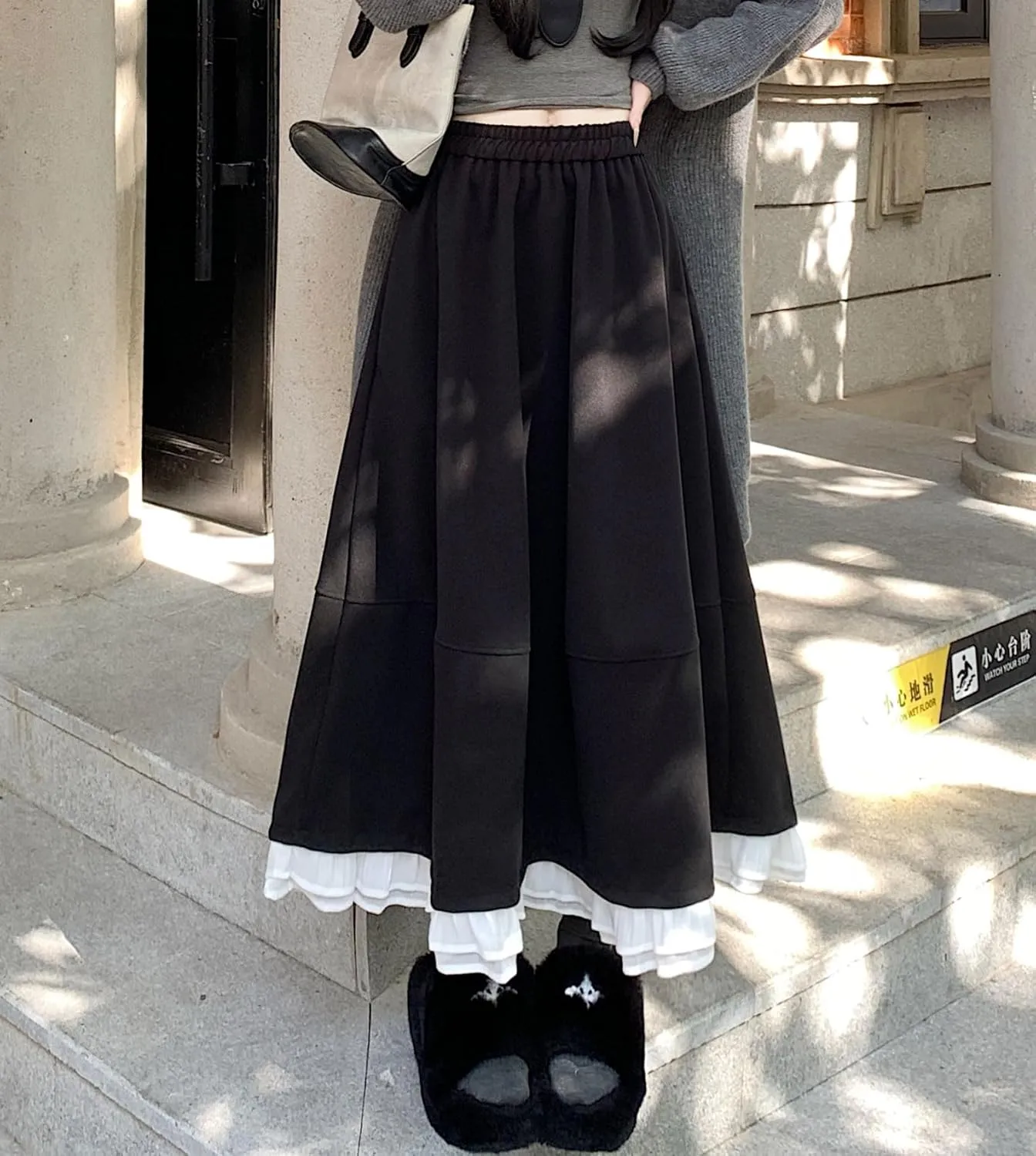 chouyatou Women's Cute Ruffle Hem Wool Skirt Elastic Waist Pleated A-Line Wool Blend Midi Long Skirt