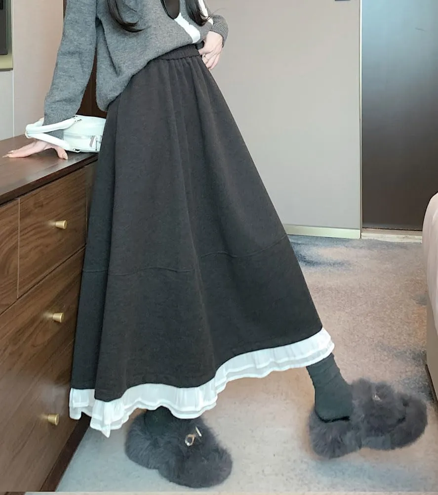 chouyatou Women's Cute Ruffle Hem Wool Skirt Elastic Waist Pleated A-Line Wool Blend Midi Long Skirt