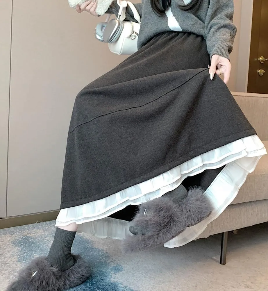 chouyatou Women's Cute Ruffle Hem Wool Skirt Elastic Waist Pleated A-Line Wool Blend Midi Long Skirt