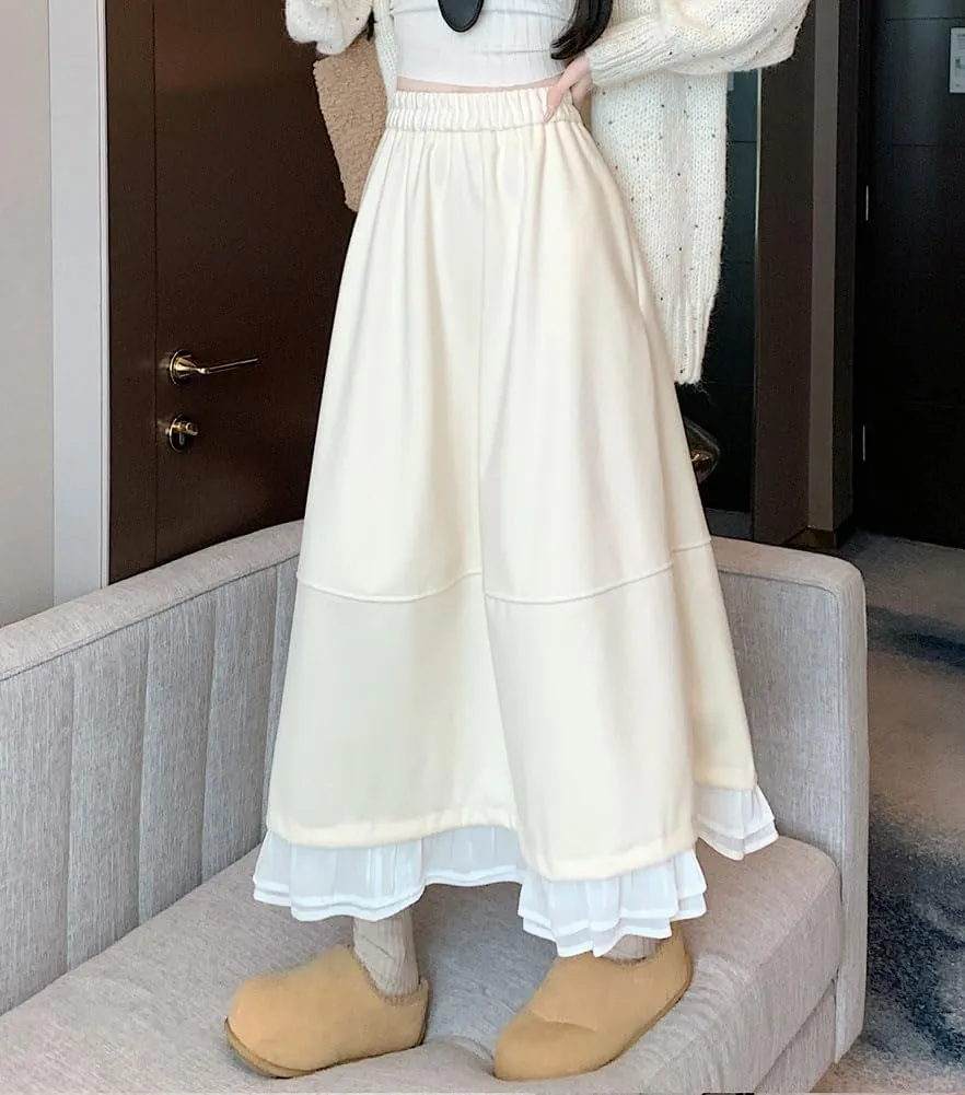 chouyatou Women's Cute Ruffle Hem Wool Skirt Elastic Waist Pleated A-Line Wool Blend Midi Long Skirt