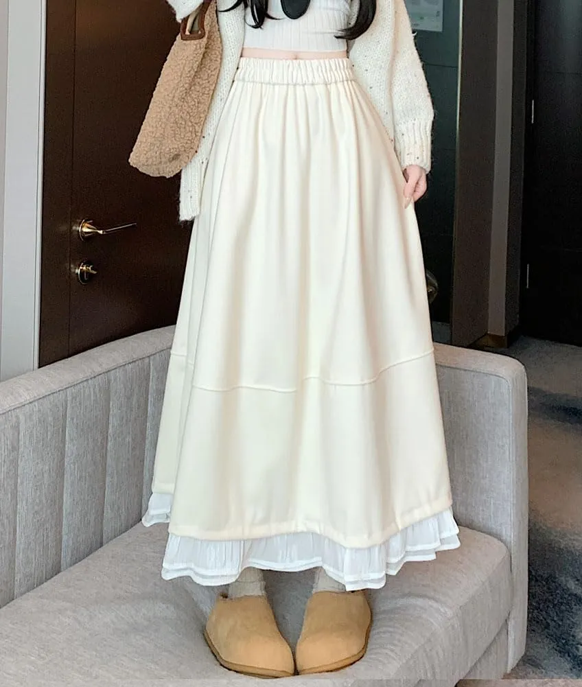 chouyatou Women's Cute Ruffle Hem Wool Skirt Elastic Waist Pleated A-Line Wool Blend Midi Long Skirt