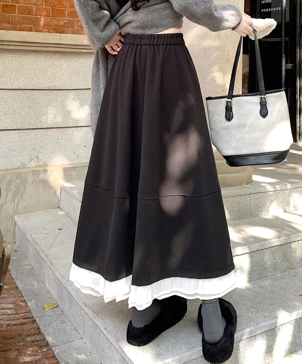 chouyatou Women's Cute Ruffle Hem Wool Skirt Elastic Waist Pleated A-Line Wool Blend Midi Long Skirt