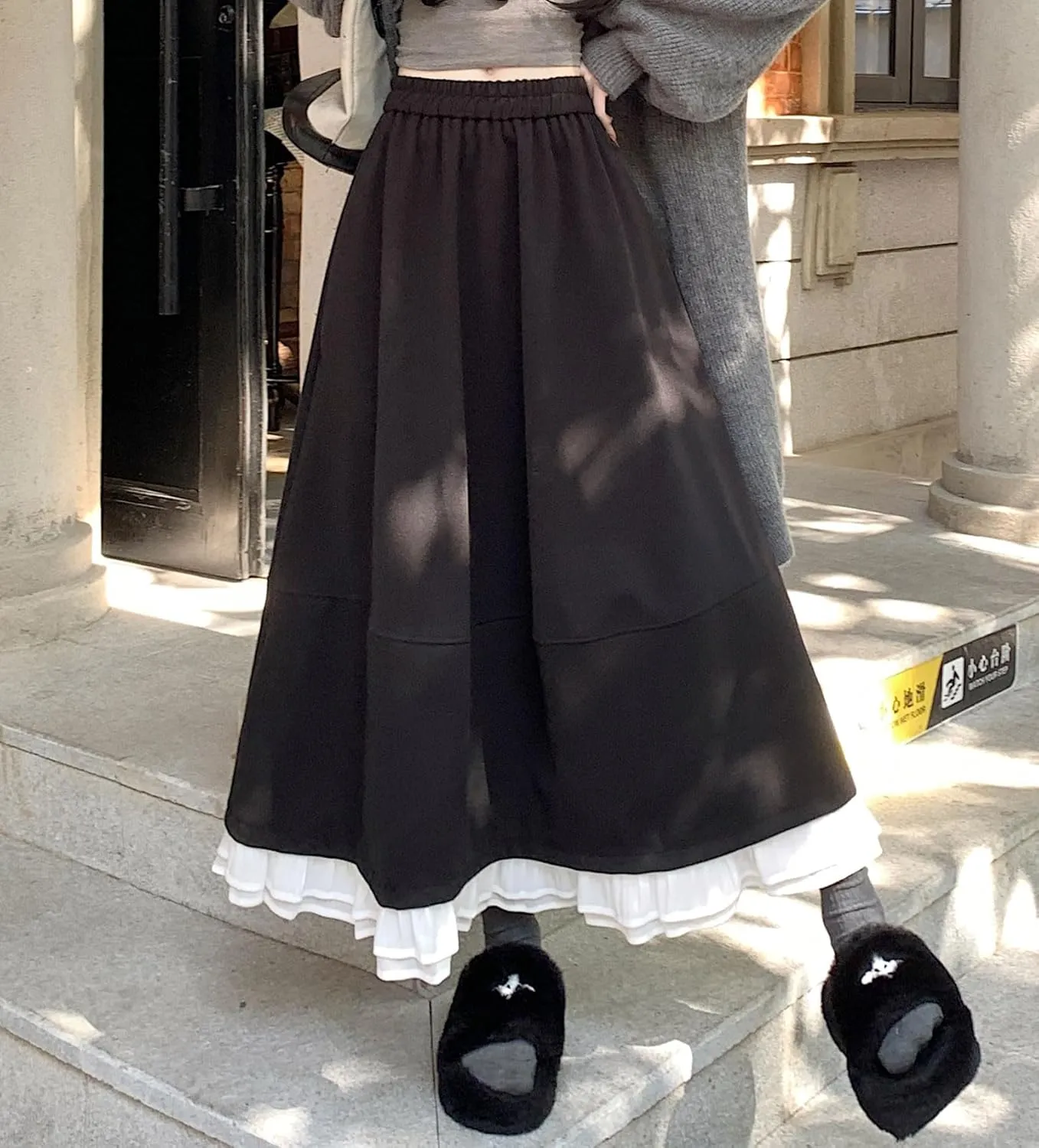 chouyatou Women's Cute Ruffle Hem Wool Skirt Elastic Waist Pleated A-Line Wool Blend Midi Long Skirt