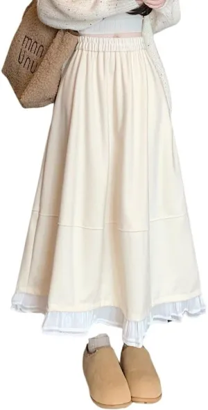 chouyatou Women's Cute Ruffle Hem Wool Skirt Elastic Waist Pleated A-Line Wool Blend Midi Long Skirt