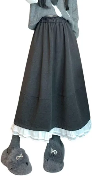 chouyatou Women's Cute Ruffle Hem Wool Skirt Elastic Waist Pleated A-Line Wool Blend Midi Long Skirt