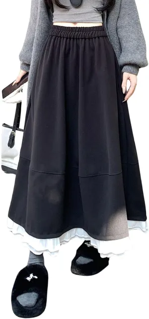 chouyatou Women's Cute Ruffle Hem Wool Skirt Elastic Waist Pleated A-Line Wool Blend Midi Long Skirt