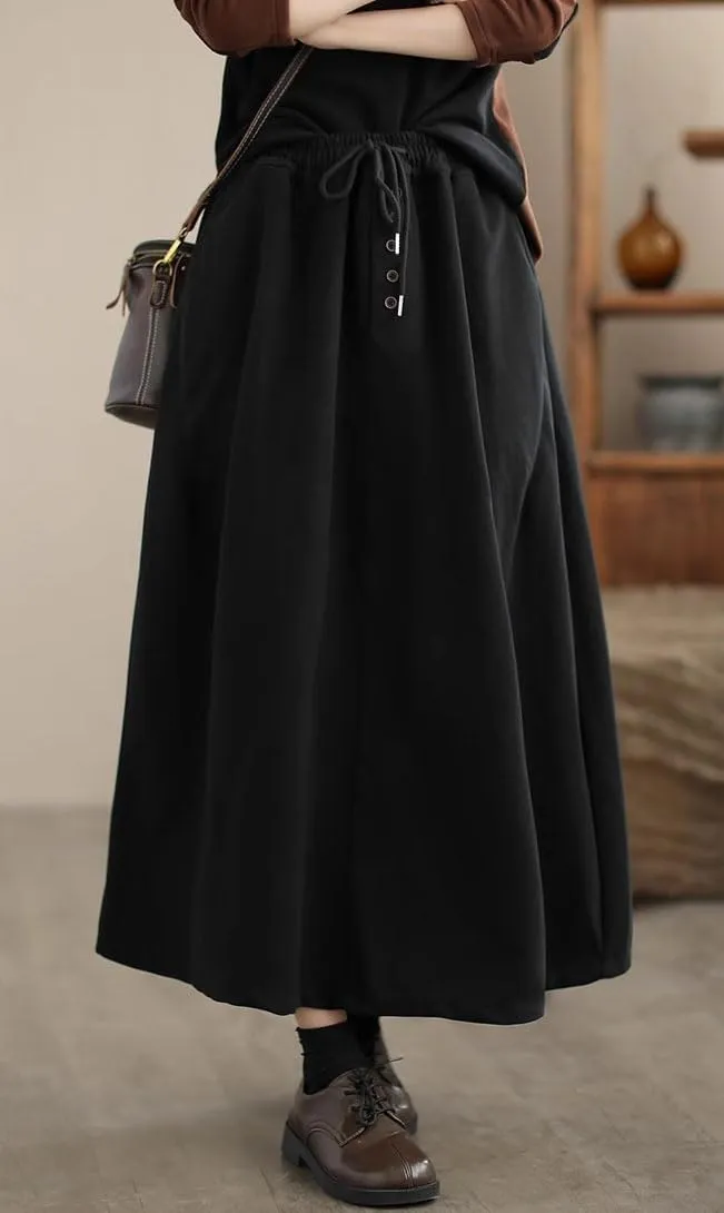 chouyatou Women's Elastic Waist Pleated Wool Skirt A-Line Wool Blend Midi Long Skirt with Pockets
