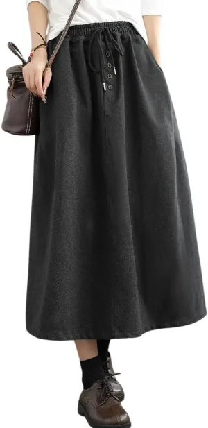 chouyatou Women's Elastic Waist Pleated Wool Skirt A-Line Wool Blend Midi Long Skirt with Pockets