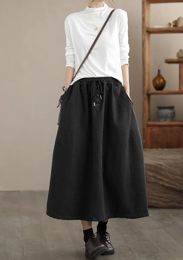 chouyatou Women's Elastic Waist Pleated Wool Skirt A-Line Wool Blend Midi Long Skirt with Pockets