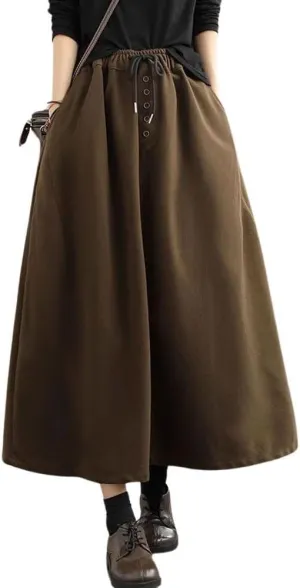 chouyatou Women's Elastic Waist Pleated Wool Skirt A-Line Wool Blend Midi Long Skirt with Pockets