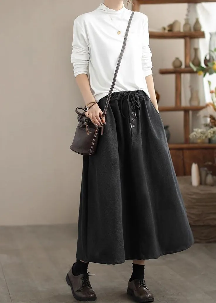 chouyatou Women's Elastic Waist Pleated Wool Skirt A-Line Wool Blend Midi Long Skirt with Pockets