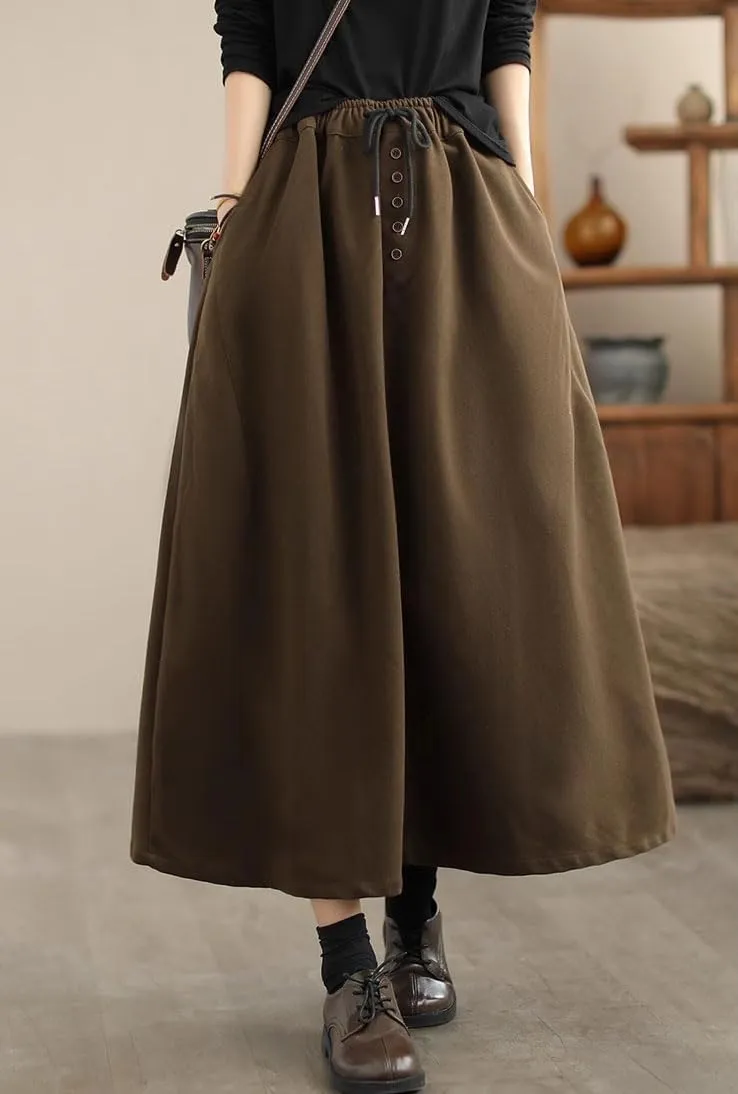 chouyatou Women's Elastic Waist Pleated Wool Skirt A-Line Wool Blend Midi Long Skirt with Pockets