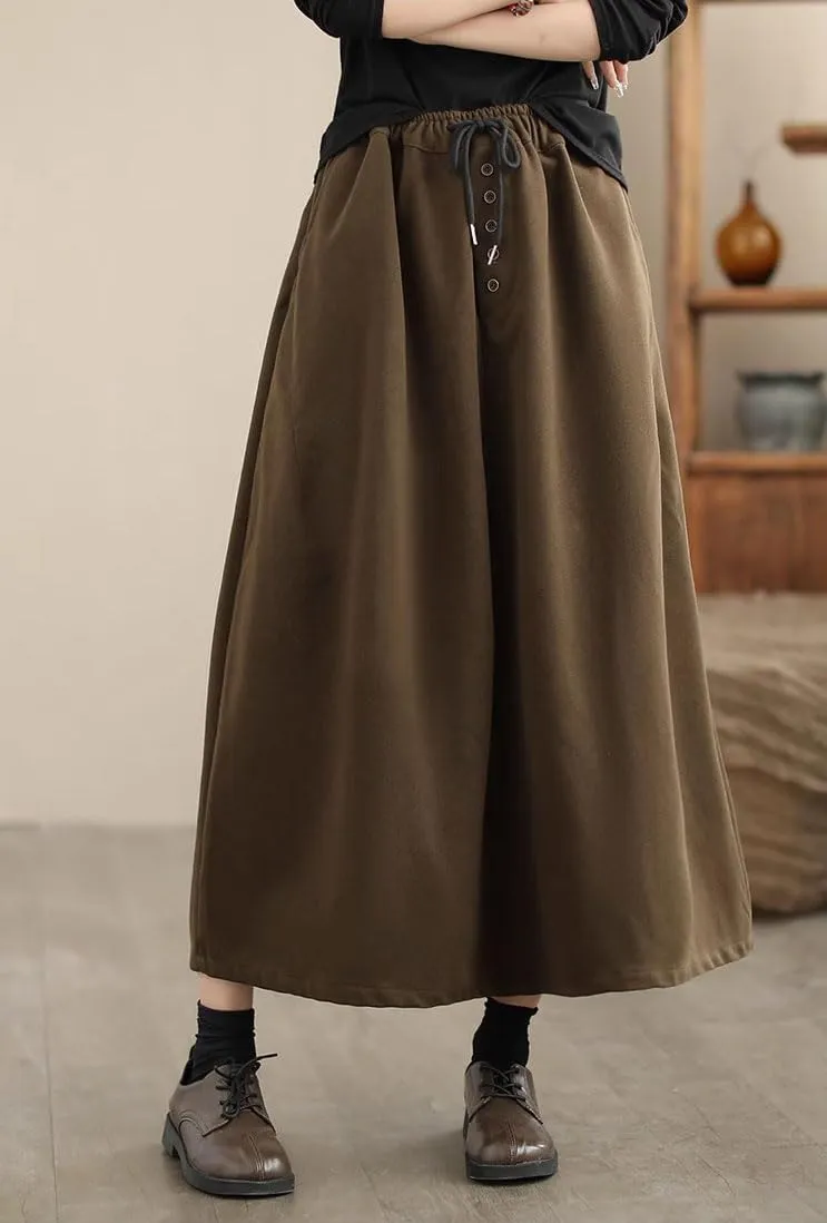 chouyatou Women's Elastic Waist Pleated Wool Skirt A-Line Wool Blend Midi Long Skirt with Pockets