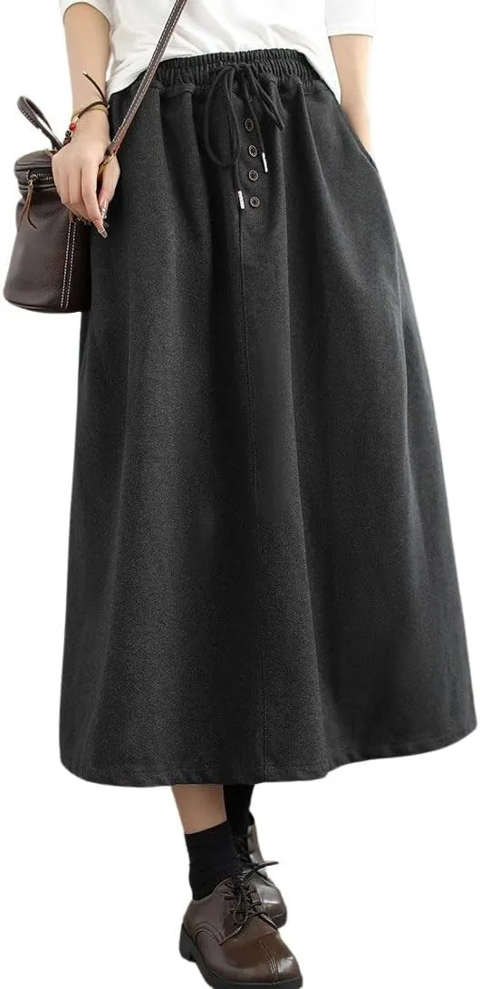 chouyatou Women's Elastic Waist Pleated Wool Skirt A-Line Wool Blend Midi Long Skirt with Pockets