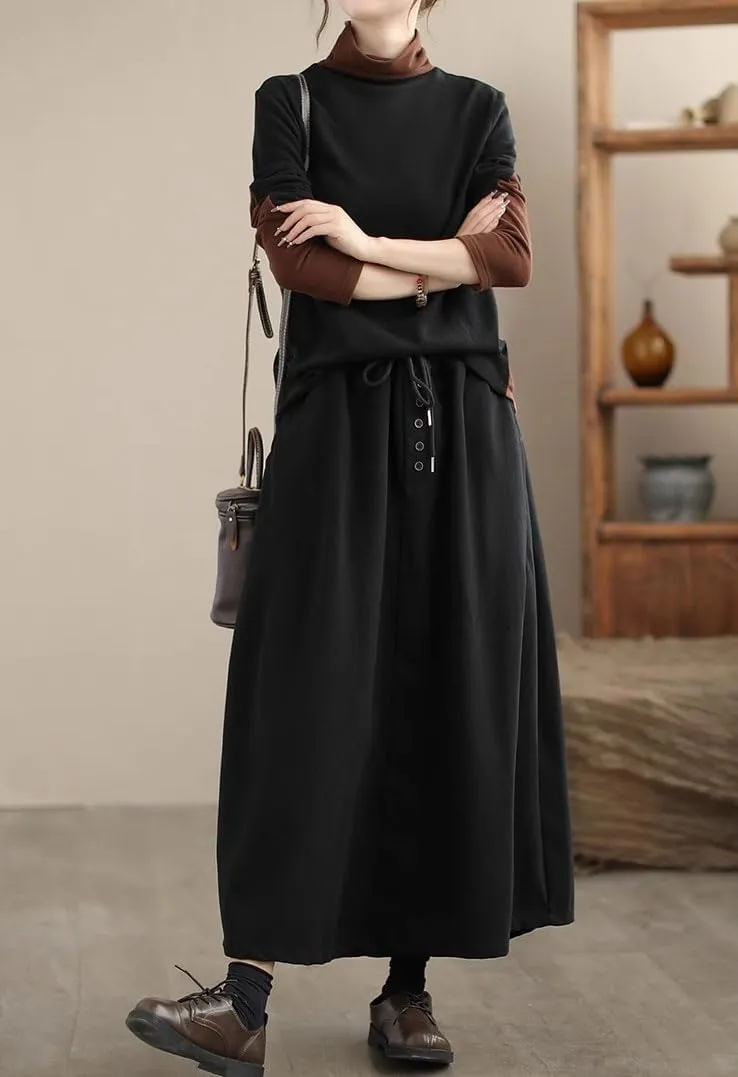 chouyatou Women's Elastic Waist Pleated Wool Skirt A-Line Wool Blend Midi Long Skirt with Pockets