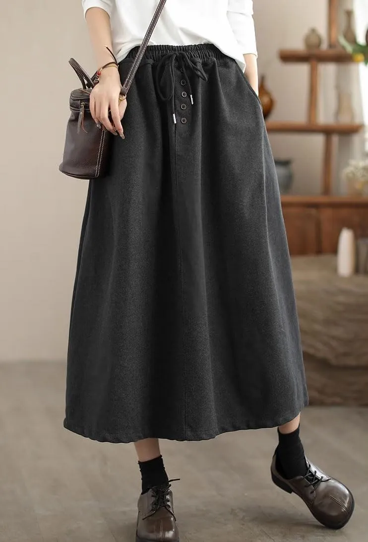 chouyatou Women's Elastic Waist Pleated Wool Skirt A-Line Wool Blend Midi Long Skirt with Pockets