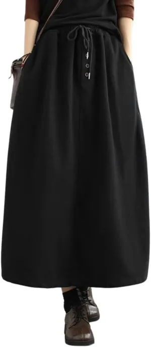 chouyatou Women's Elastic Waist Pleated Wool Skirt A-Line Wool Blend Midi Long Skirt with Pockets