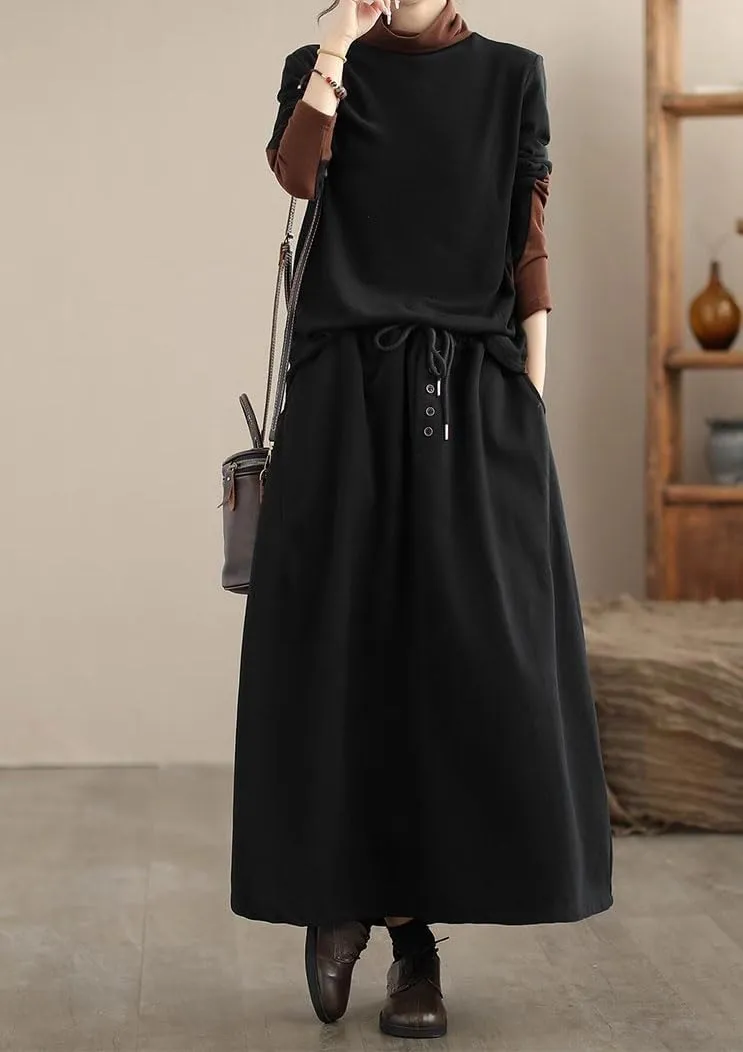 chouyatou Women's Elastic Waist Pleated Wool Skirt A-Line Wool Blend Midi Long Skirt with Pockets
