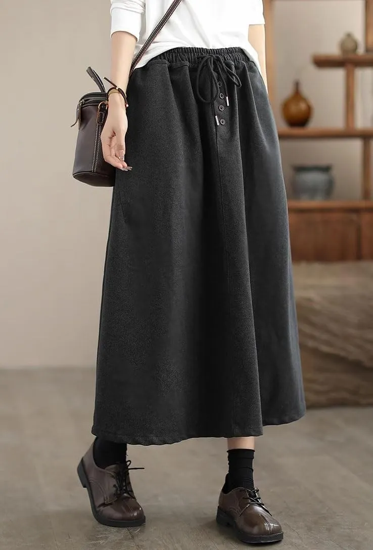 chouyatou Women's Elastic Waist Pleated Wool Skirt A-Line Wool Blend Midi Long Skirt with Pockets