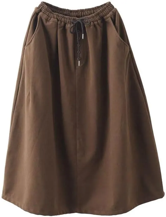 chouyatou Women's Elastic Waist Pleated Wool Skirt A-Line Wool Blend Midi Long Skirt with Pockets
