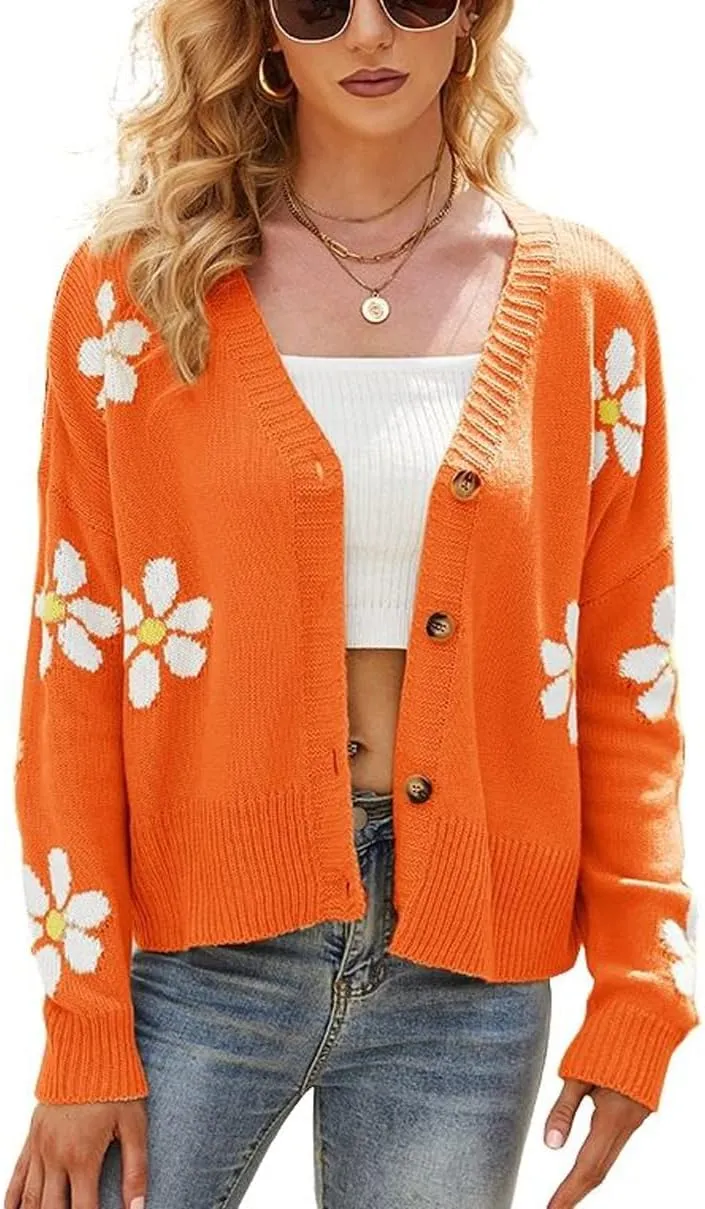 chouyatou Women's Fall Cute Daisy Button Jacquard Knit Cardigan Sweater Jacket