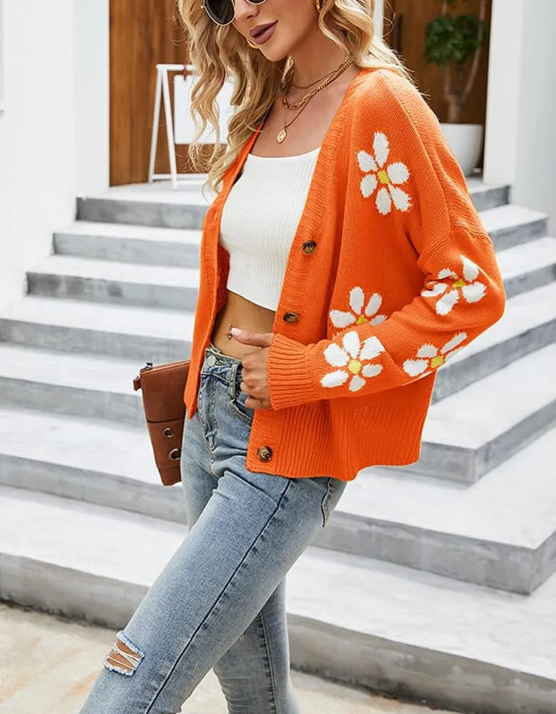 chouyatou Women's Fall Cute Daisy Button Jacquard Knit Cardigan Sweater Jacket